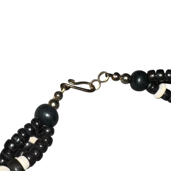 Vintage Tribal Wood Bead Statement Necklace Black White Carved Elephant - Picture 7 of 12